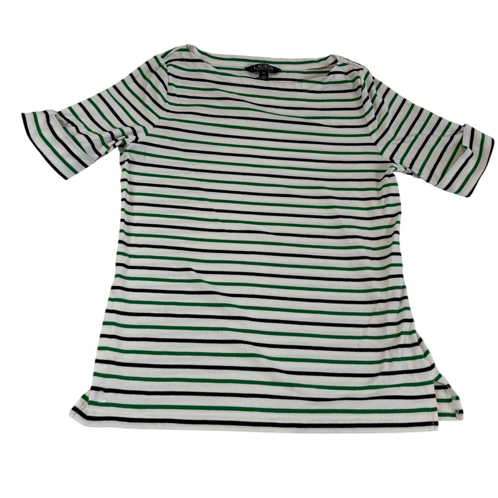 Lauren Ralph Lauren Striped Boat Neck‎ Top Green Blue White Women's PL